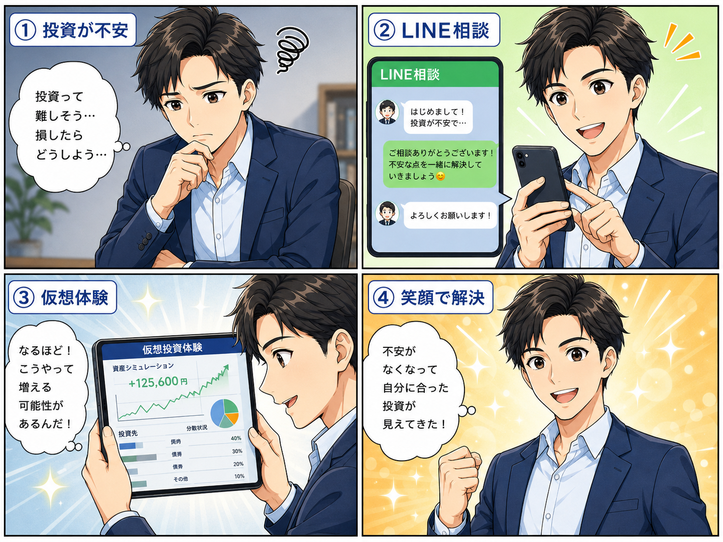 不安→LINE相談→仮想体験→笑顔で解決の4コマ